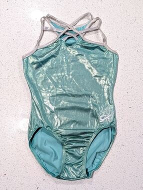 GK Elite Olympic Aly Raisman SMALL Gymnastics Leotard METALLIC Teal SUPR STRAPPY